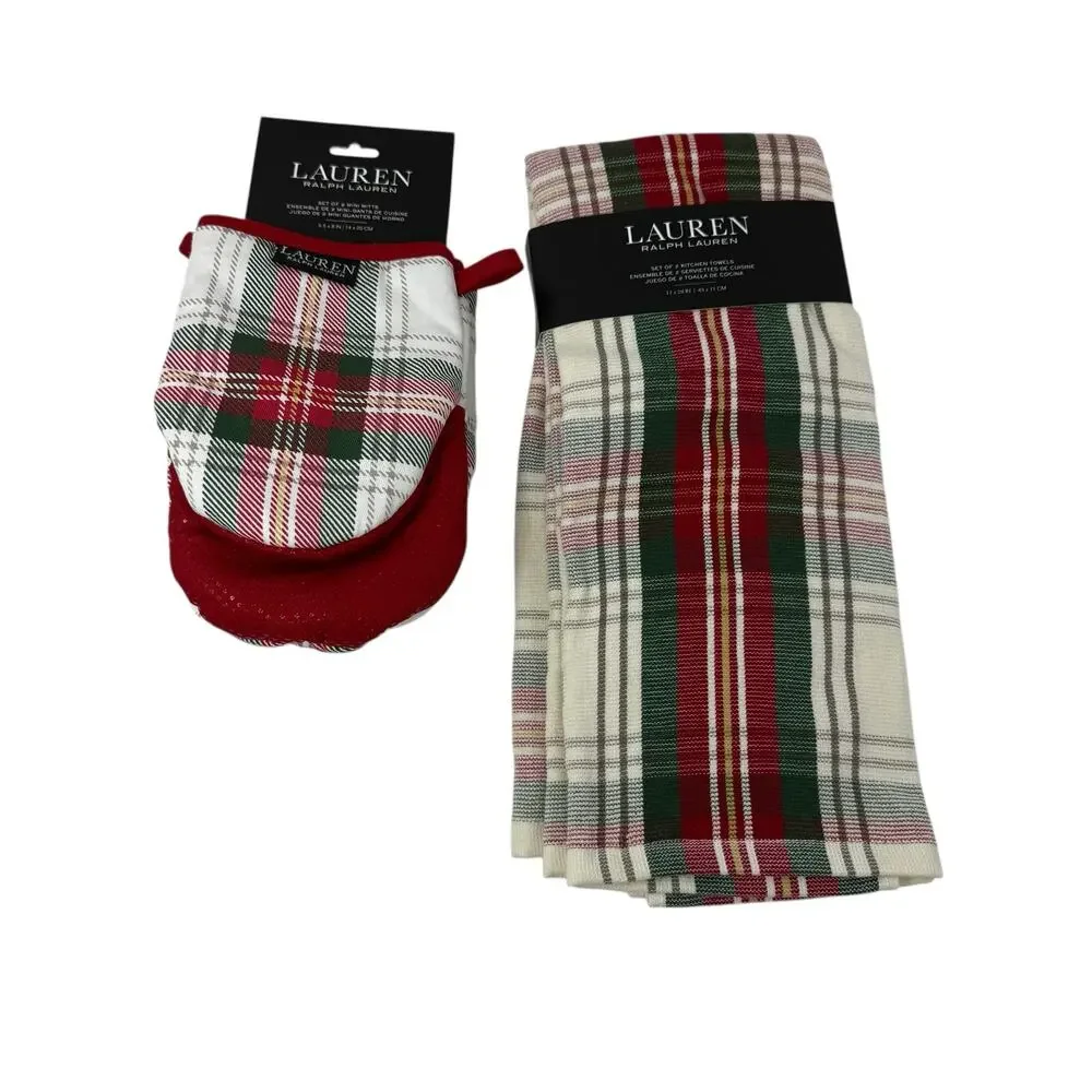 NWT Lauren Ralph Lauren Holiday Plaid Kitchen Set Mini Mitt & 2 Towels Christmas